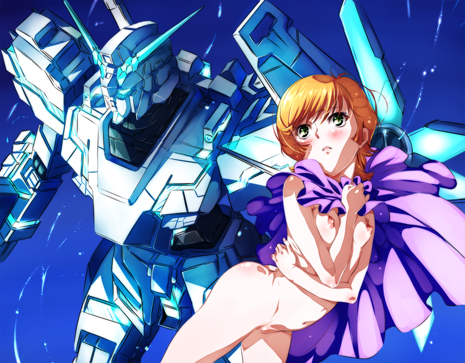 1girls audrey_burne blush breasts butt cape completely_nude fat_mons green_eyes gundam gundam_unicorn hairless_pussy mecha mineva_lao_zabi navel niko_(tama) nipples nude open_mouth orange_hair perky_breasts petite plump_labia pubic_mound pussy robot short_hair small_breasts solo unicorn_gundam young