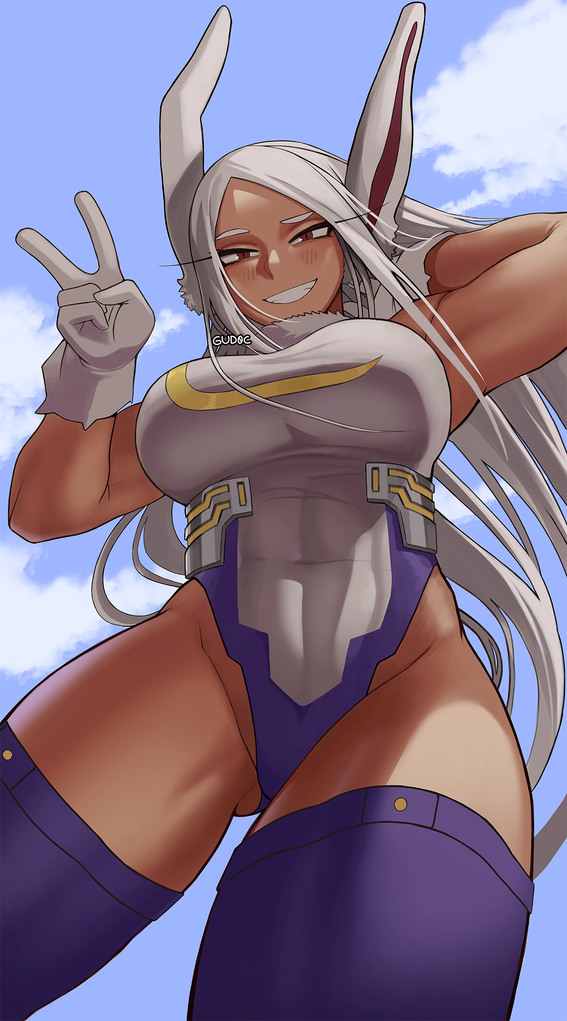 1girls, abs, breasts, bunny ears, clothed, dark skin, dark-skinned female, female, fully clothed, gloves, gud0c, leotard, long hair, looking at viewer, miruko, my hero academia, peace sign, rumi usagiyama, shounen jump, solo, tagme, thighhighs, white hair