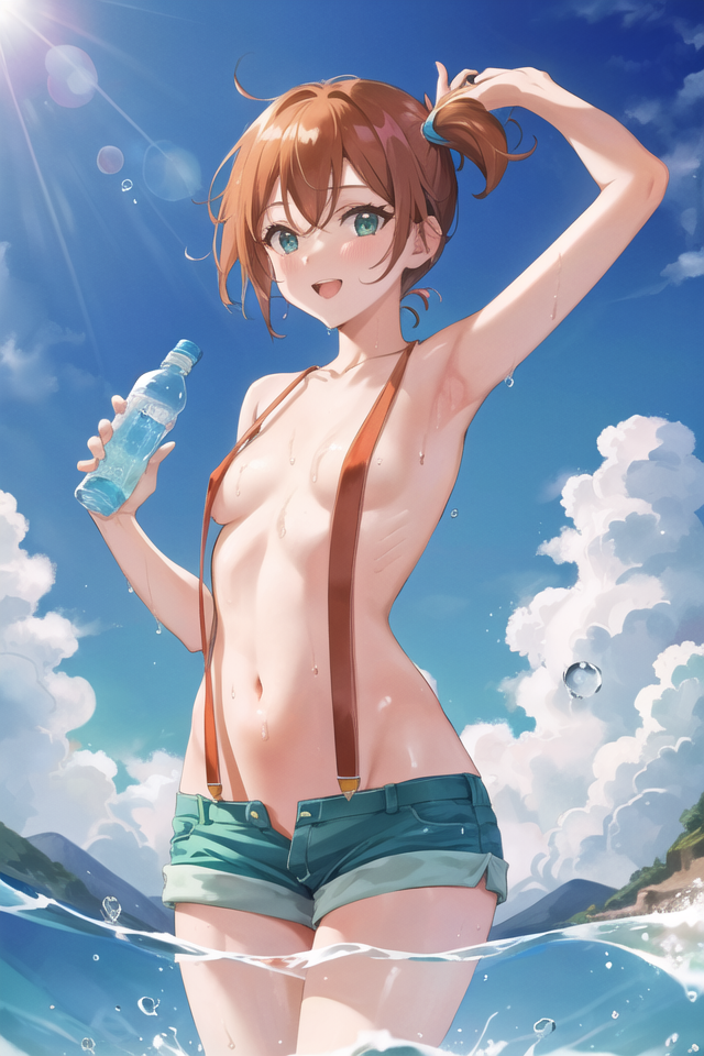 1girls ai_generated armpits bangs bare_arms blush breasts bush cloud day denim denim_shorts eyebrows_visible_through_hair eyelashes female female_only green_eyes hair_between_eyes hair_tie holding holding_ball kasumi_(pokemon) looking_at_viewer navel nintendo no_bra open_mouth orange_hair outdoors palm_leaf pokemon pokemon_(anime) pokemon_rgby shiny shiny_hair shiny_skin short_shorts shorts side_ponytail sky smile solo stable_diffusion standing sunlight suspender_shorts suspenders tied_hair tree underboob