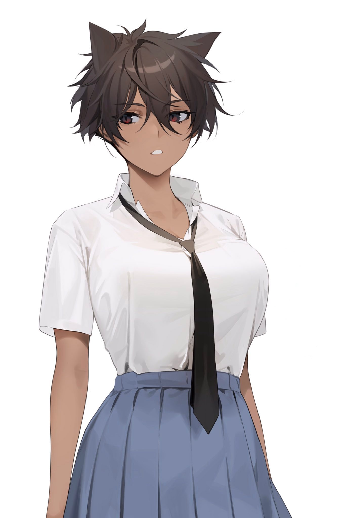 1girls blue_skirt breasts dark-skinned_female dark_skin female female_focus female_only hair_between_eyes hair_ears highres large_breasts looking_at_viewer messy_hair micchan_(ohisashiburi) necktie ohisashiburi original original_character red_eyes short_hair simple_background skirt slit_pupils solo tomboy upper_body very_short_hair white_background white_shirt