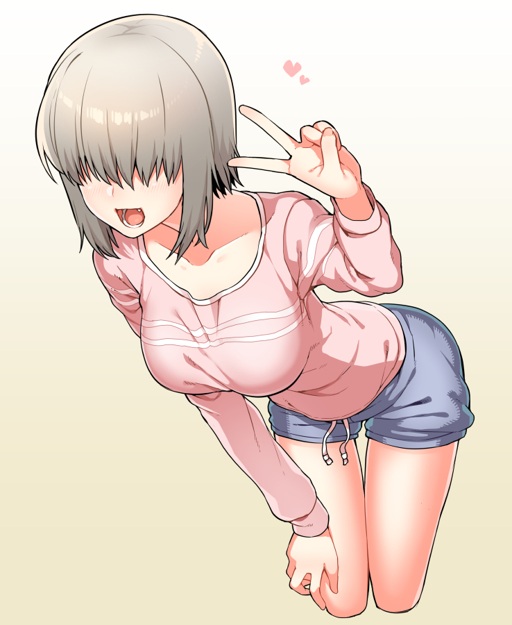 :d bangs breasts collarbone commentary_request covered_eyes cropped_legs facing_viewer female grey_hair hair_over_eyes hand_on_own_knee hand_up heart leaning_forward long_bangs long_sleeves medium_breasts oerba_yun_fang open_mouth pink_shirt shirt short_hair short_shorts shorts smile solo teeth tsukinami_kousuke uzaki-chan_wa_asobitai! uzaki_yanagi v