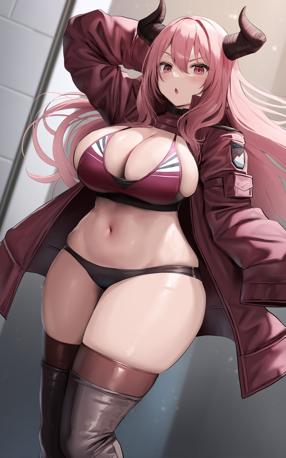 1girls, breasts, cleavage, female, hips, horns, huge breasts, light skin, light-skinned female, long hair, massive breasts, oekakizuki, original, original character, red hair, thick thighs, thighs, wide hips