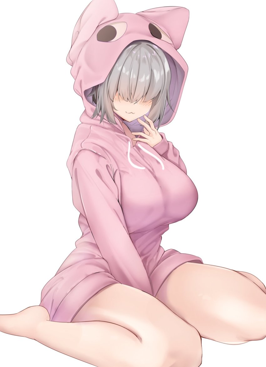 :3 bangs between_legs blush breasts commentary_request female grey_hair hair_over_eyes hand_between_legs highres hood hood_up hoodie karatakewari large_breasts long_bangs pink_hood pink_hoodie short_hair simple_background sitting smile solo uzaki-chan_wa_asobitai! uzaki_yanagi wariza white_background