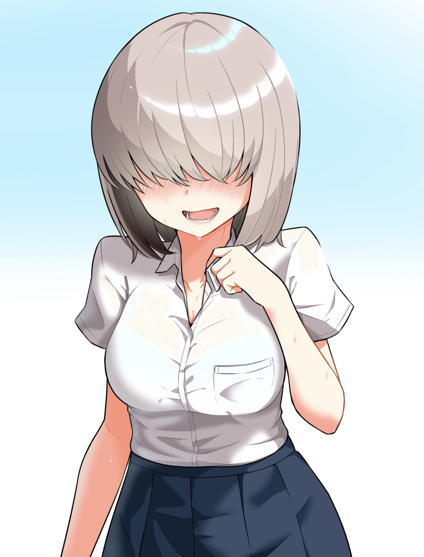 :d, bangs, blue background, blue bra, blue skirt, blush, bob cut, bra, bra visible through clothes, breast pocket, breasts, dress shirt, female, godai 01, gradient background, hair over eyes, hand on own chest, highres, large breasts, long bangs, nose blush, open mouth, pleated skirt, pocket, school uniform, see-through, see-through shirt, shirt, short hair, short sleeves, silver hair, skirt, smile, solo, sweat, teenage female, teenager, underwear, uzaki yanagi, uzaki-chan wa asobitai!, wet, wet clothes, white background, white shirt