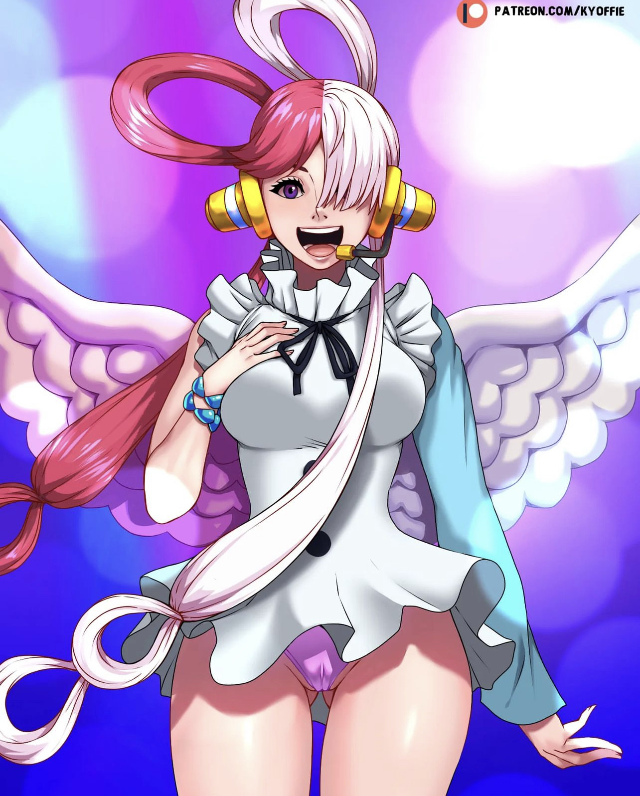 1girls, female, female only, half-dressed, happy, kyoffie, one piece, one piece film red, panties, red hair, red-haired female, two-tone hair, uta (one piece), white hair, white-haired female