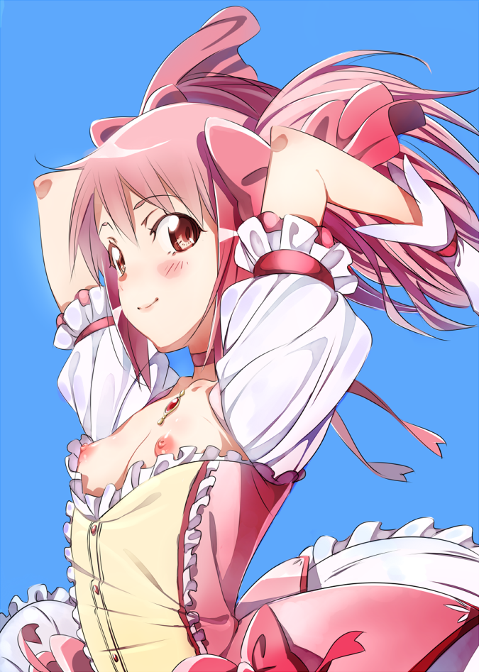 1girls arms_up blue_background blush madoka_kaname mahou_shoujo_madoka_magica niko_(tama) pink_hair puella_magi_madoka_magica puffy_short_sleeves red_eyes short_hair short_sleeves small_breasts smile solo