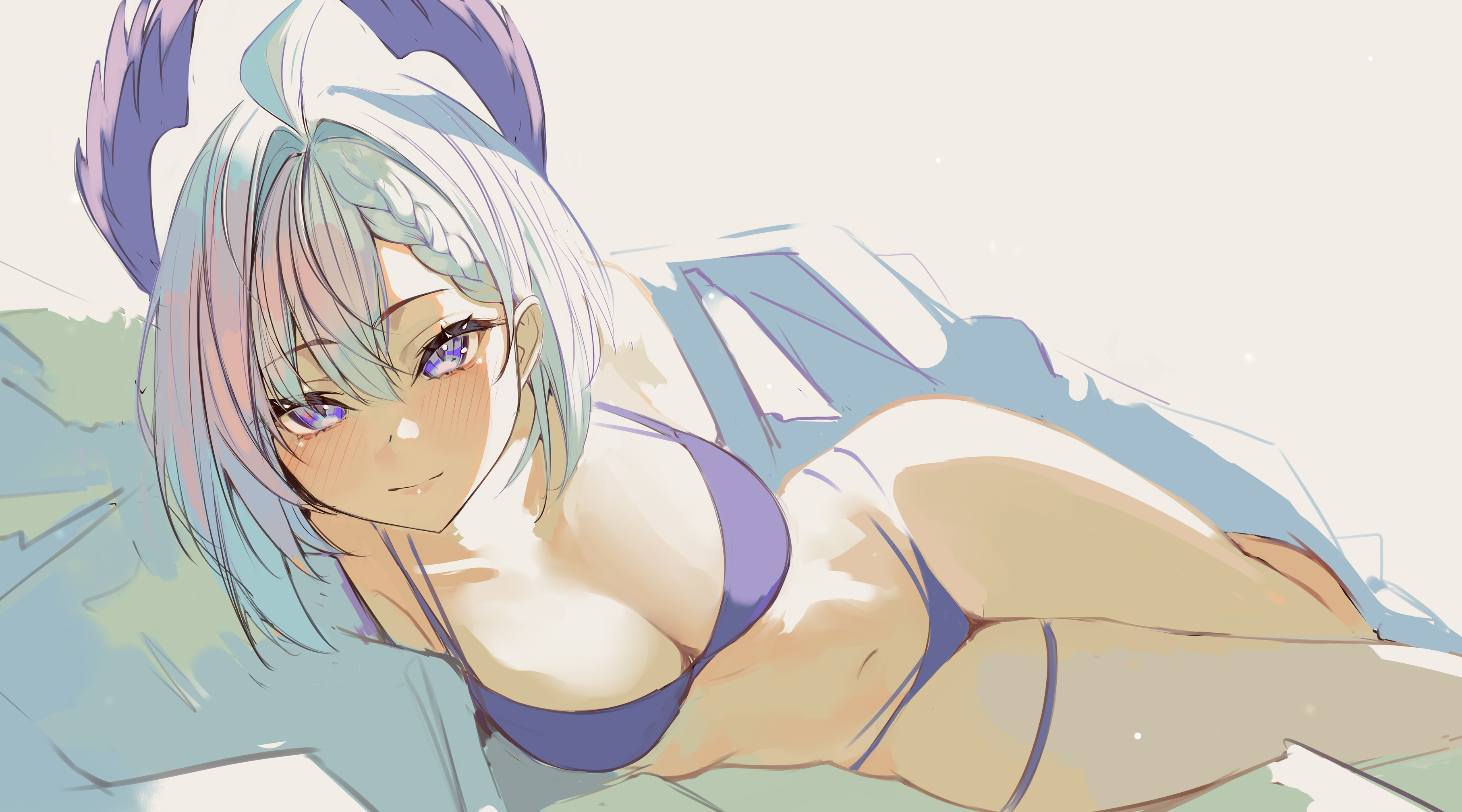 1girls, ahoge, bare midriff, belly button, big breasts, bikini, bikini under clothes, blush lines, braid, breasts, cleavage, enna alouette, exposed shoulders, exposed torso, female, ginga elyka, hair wings, head wings, hi res, highres, large breasts, laying on side, light skin, light-skinned female, looking at viewer, midriff, naokomama, navel, nijisanji, nijisanji en, open clothes, purple eyes, short hair, side braid, solo, swimsuit, swimwear, virtual youtuber, white hair