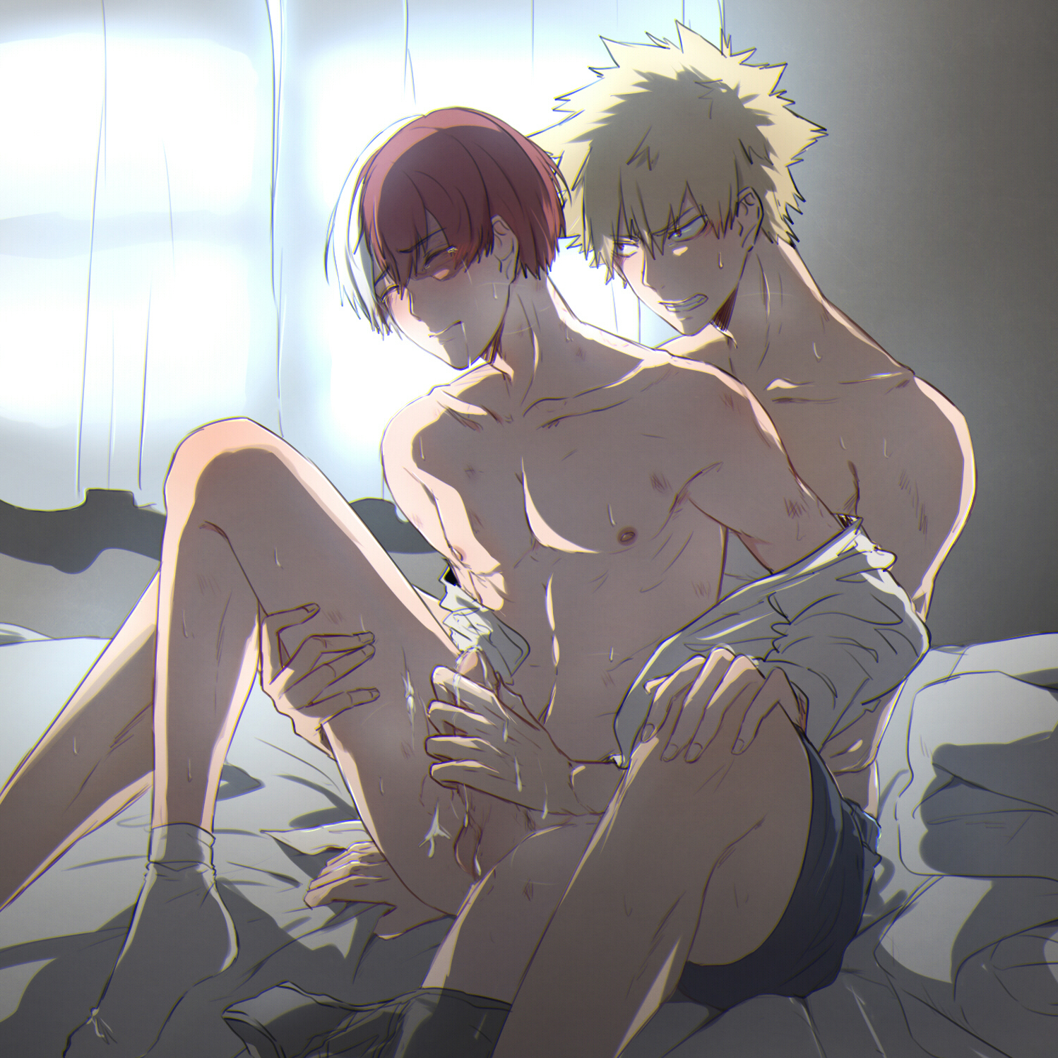 2boys, cum, cum dripping, drooling, erect penis, gay, hand on penis, handjob, hickey, hickey marks, holding penis, katsuki bakugou, male, male only, my hero academia, on bed, partially clothed, penis, sheet grab, shouto todoroki, two-tone hair, yaoi