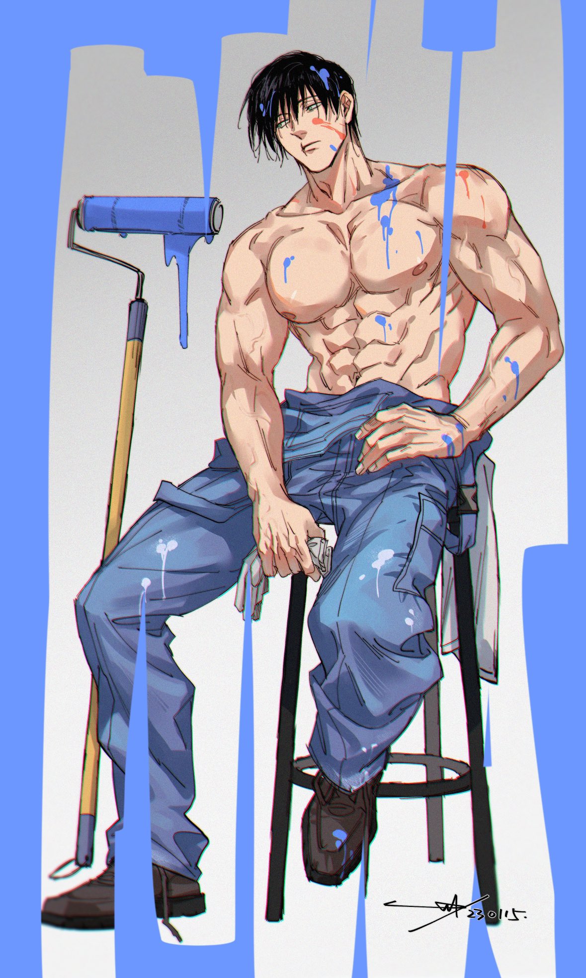 1boy abs alternate_costume biceps black_hair exposed_torso full_body gloves green_eyes jujutsu_kaisen jumpsuit jumpsuit_around_waist light-skinned_male light_skin male male_focus male_only muscular muscular_male paint pecs pectorals sashiyu scar shirtless sitting six_pack solo toji_fushiguro topless topless_male veins wet wet_skin