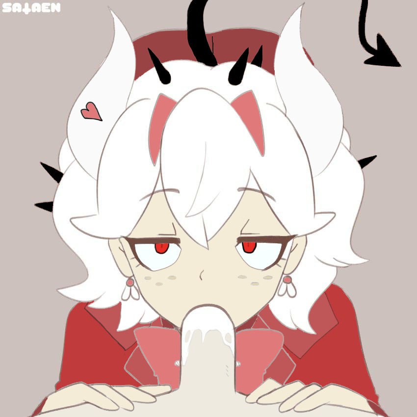 1boy, 1girls, beelzebub (helltaker), color, colored, cum, cum in mouth, cum inside, demon, demon girl, demon horns, demon tail, edit, edited, female, heart, helltaker, helltaker (character), male, oral, oral sex, penis, red body, red eyes, red panties, red shirt, red skirt, sataenart, sex, straight, tail, white hair