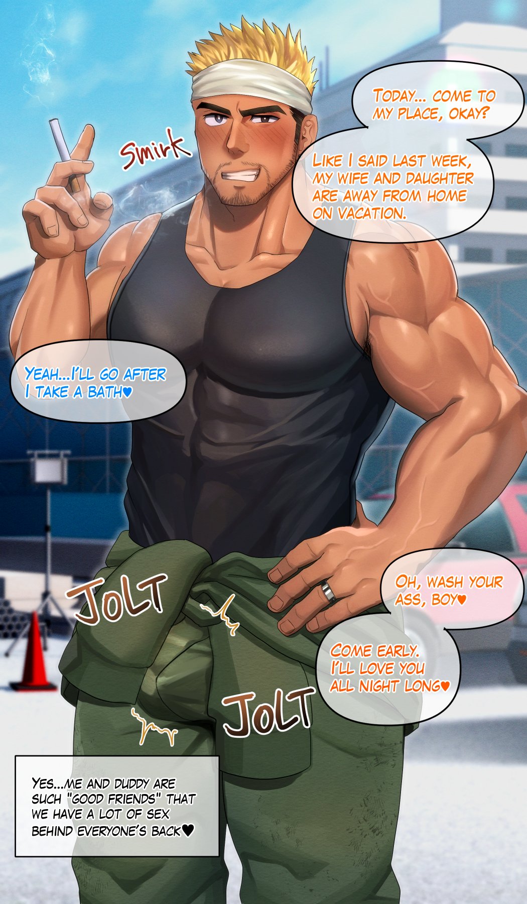 abs blush bulge dialogue gay inviting inviting_to_sex izukonohito looking_at_viewer male muscular muscular_arms muscular_legs muscular_male outside pecs penis_bulge pov pov_eye_contact smoking solo solo_focus solo_male talking talking_to_viewer