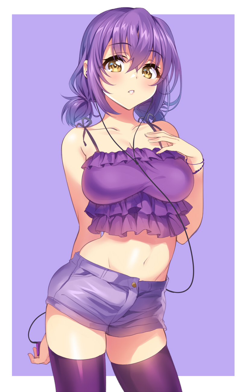 1girls artist_request bracelet breasts crop_top denim_shorts earbuds headphones large_breasts listening_to_music looking_at_viewer midriff mp3_player navel purple_crop_top purple_hair shorts thighhighs twintails yellow_eyes