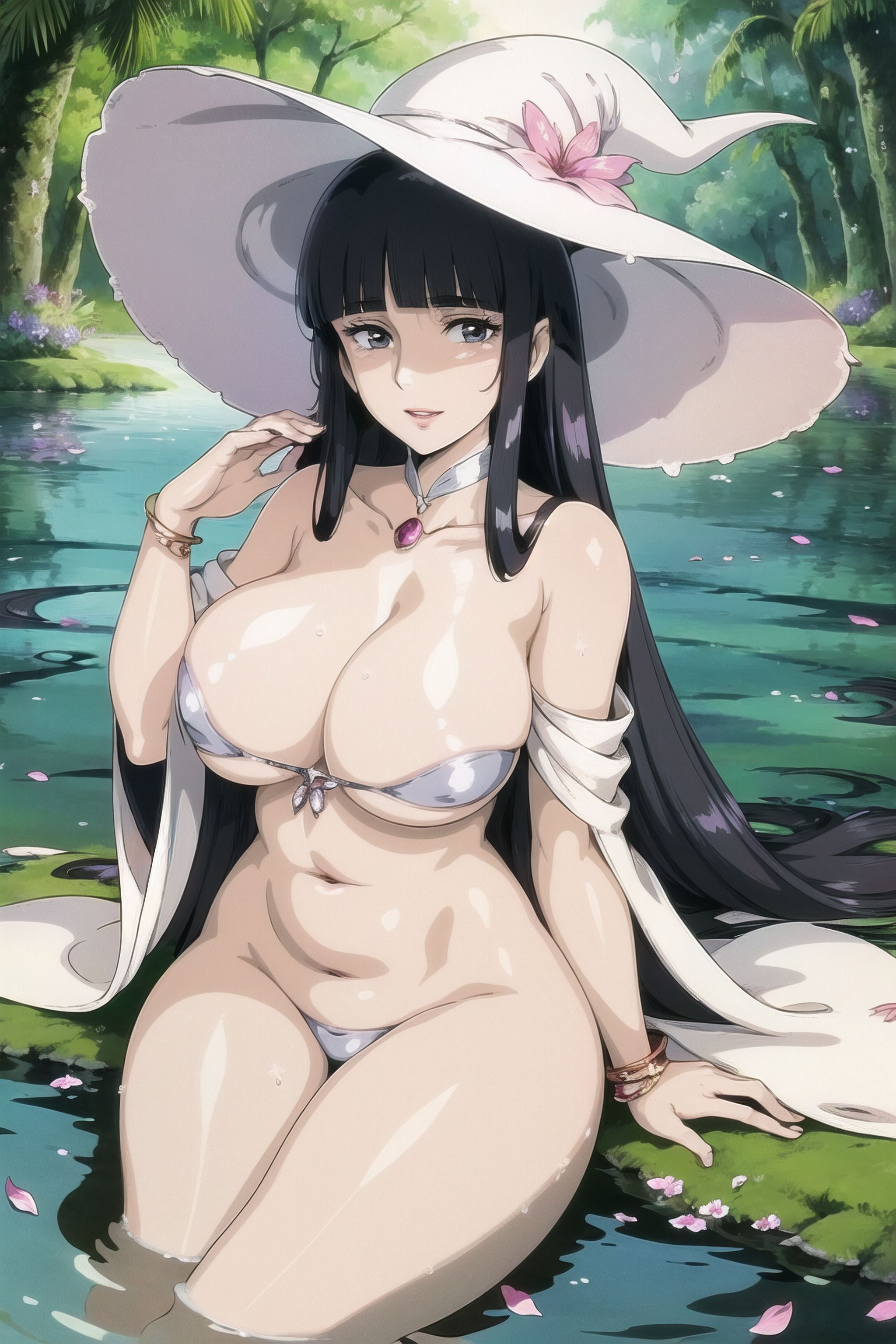 ai generated, bikini, black eyes, black hair, breasts, clothing, female, female only, hat, headwear, high resolution, large breasts, lingerie, mature, mature female, retromage, solo, swimsuit, thong, underwear, very high resolution, witch, witch hat