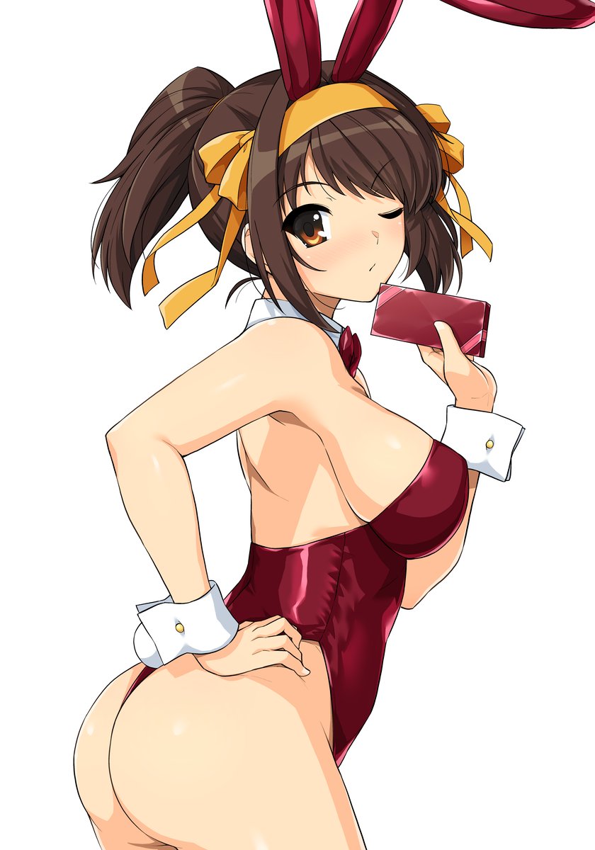 1girls, animal ears, ass, breasts, bunnysuit, clothing, fake animal ears, female, haruhisky, leotard, medium breasts, one eye closed, ponytail, solo, standing, suzumiya haruhi, suzumiya haruhi no yuuutsu