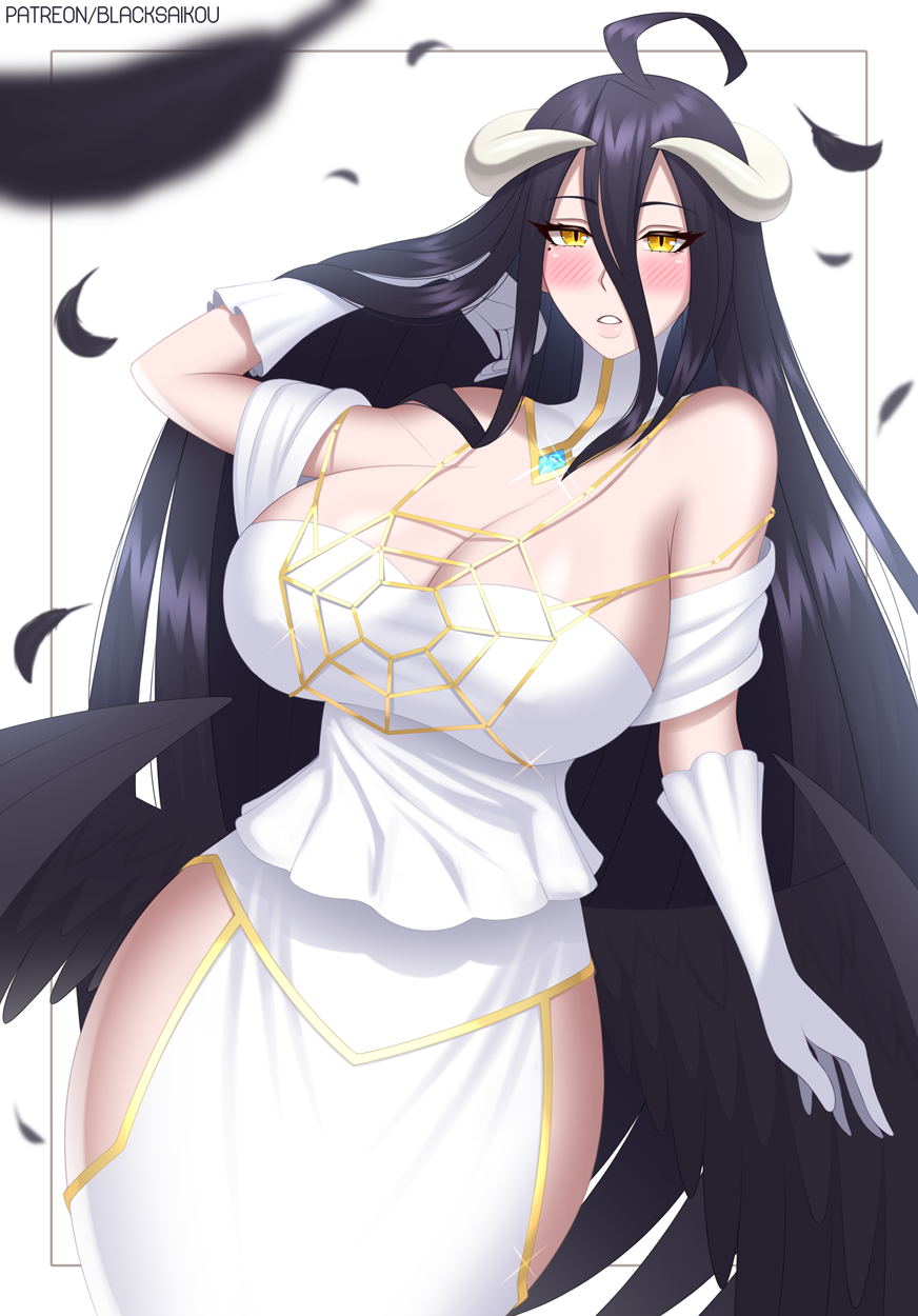 1girls ahoge albedo_(overlord) bare_shoulders black_feathers black_hair black_wings blacksaikou blush breasts cleavage dress feathered_wings feathers female female_only gloves hair_between_eyes highres horns large_breasts long_hair mole mole_under_eye overlord_(maruyama) slit_pupils solo succubus succubus_horns succubus_wings white_dress white_gloves wings yellow_eyes