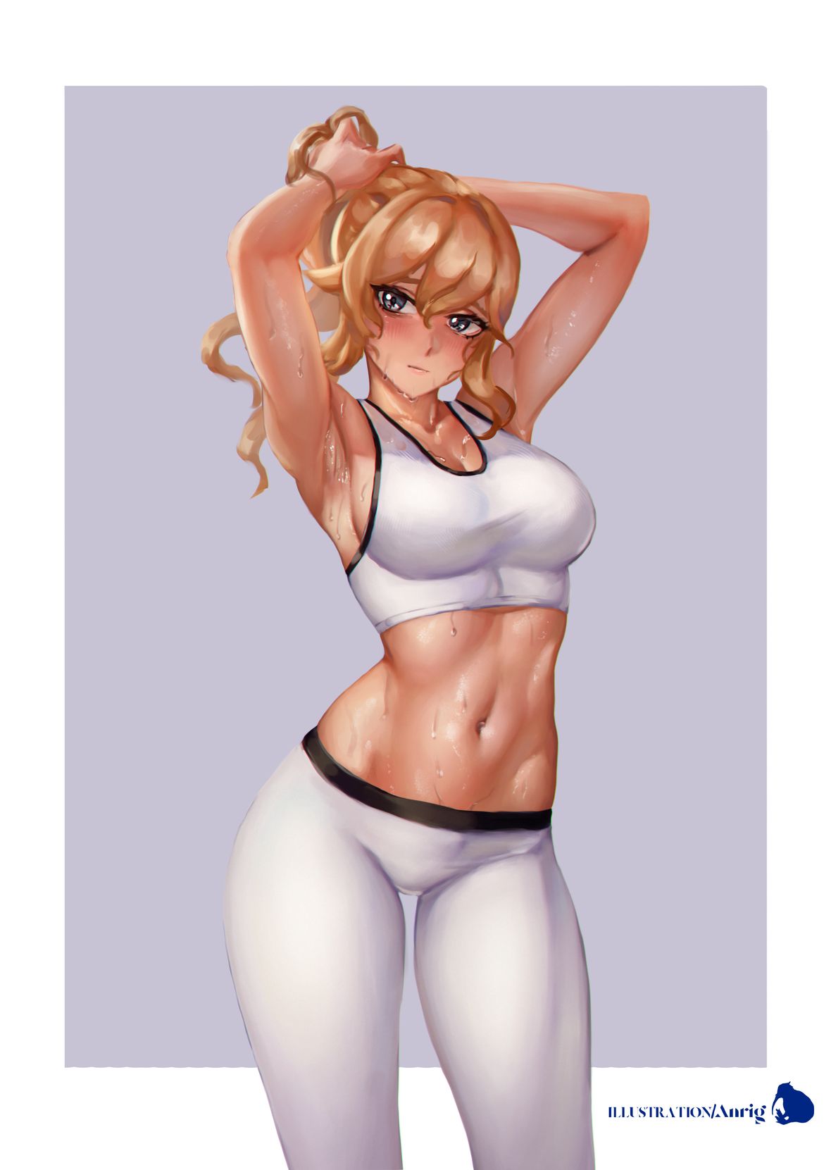 alternate costume, anrig, armpits, arms up, bangs, blonde hair, breasts, cleavage, cowboy shot, crop top, female, genshin impact, grey eyes, hair between eyes, highres, jean gunnhildr, large breasts, leggings, long hair, looking at viewer, midriff, navel, pants, solo, sports bra, standing, stomach, sweat, thighs, tying hair, white pants