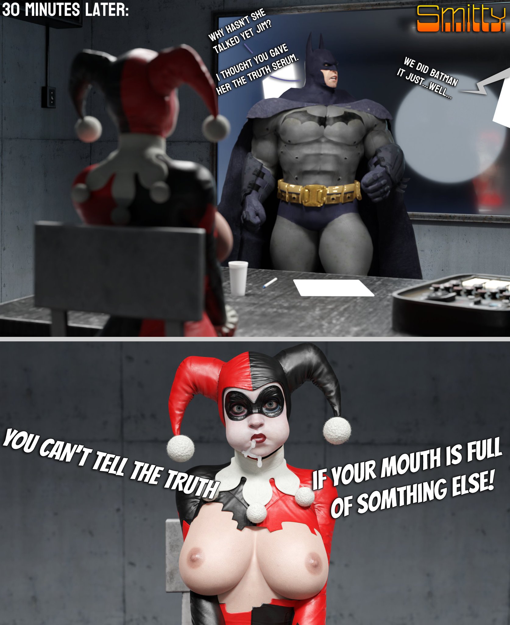 1boy, 1girls, 3d, 3d (artwork), athletic, athletic female, batman, batman (bruce wayne), batman (series), big breasts, blonde hair, bodysuit, breasts, busty, cheek bulge, cum dripping down chin, cum dripping from mouth, curvaceous, curvy, curvy figure, dc, dc comics, dialogue, dyed hair, eyebrows, eyelashes, eyemask, eyes, female, female focus, fit, fit female, hair, harley quinn, harley quinn (classic), harley quinn (injustice), hero, hips, hourglass figure, huge breasts, injustice 2, large breasts, legs, light skin, light-skinned female, light-skinned male, lips, male, male/female, smitty34, straight, superhero, thick, thighs, villain, villainess, voluptuous, watermark, wide hips
