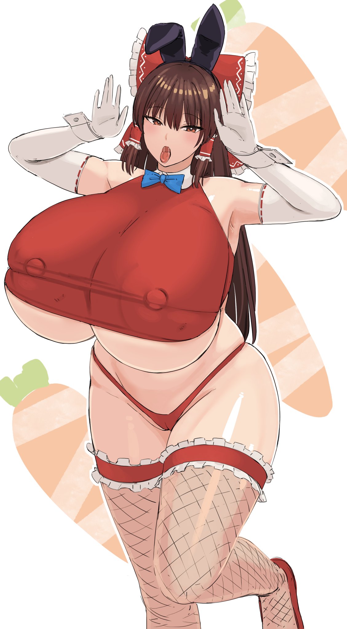 anda_inmu bedroom_eyes big_areola brown_hair bunny_ears bunnysuit cameltoe hamaburicchi huge_breasts looking_at_viewer nipple_bulge nipples open_mouth panties reimu_hakurei thick_thighs tongue touhou underboob wide_hips