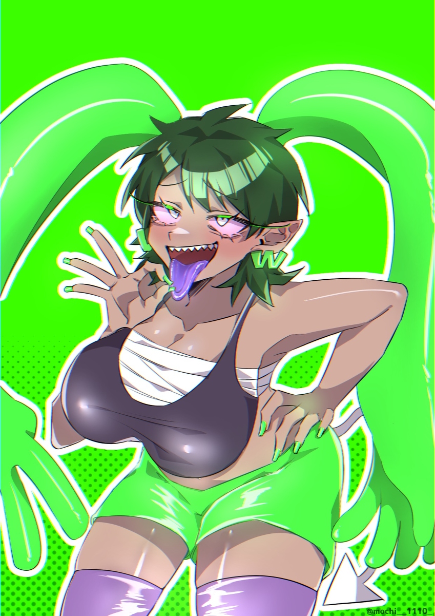 armpits bandaged_chest bandages big_breasts black_tank_top brown-chan da-da dark_green_hair demon_tail ear_hands earrings fully_clothed green_ears green_nails green_shorts hand_on_hip highres human humanized light_pink_sclera long_eyelashes mochi__1110_ oyasaioni9 pointy_ears pointy_tail purple_thighhighs purple_tongue rule_63 short_hair solo_female tanned_female tanned_skin teach_the_cat tongue_out watermark white_eyes white_tail