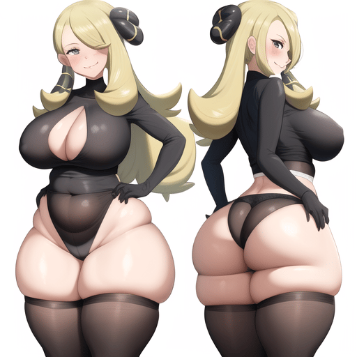 ai generated, ass, blonde hair, blush, breasts, cynthia (pokemon), female, huge ass, huge breasts, partially clothed, pokemon, smiling, stockings, thick thighs