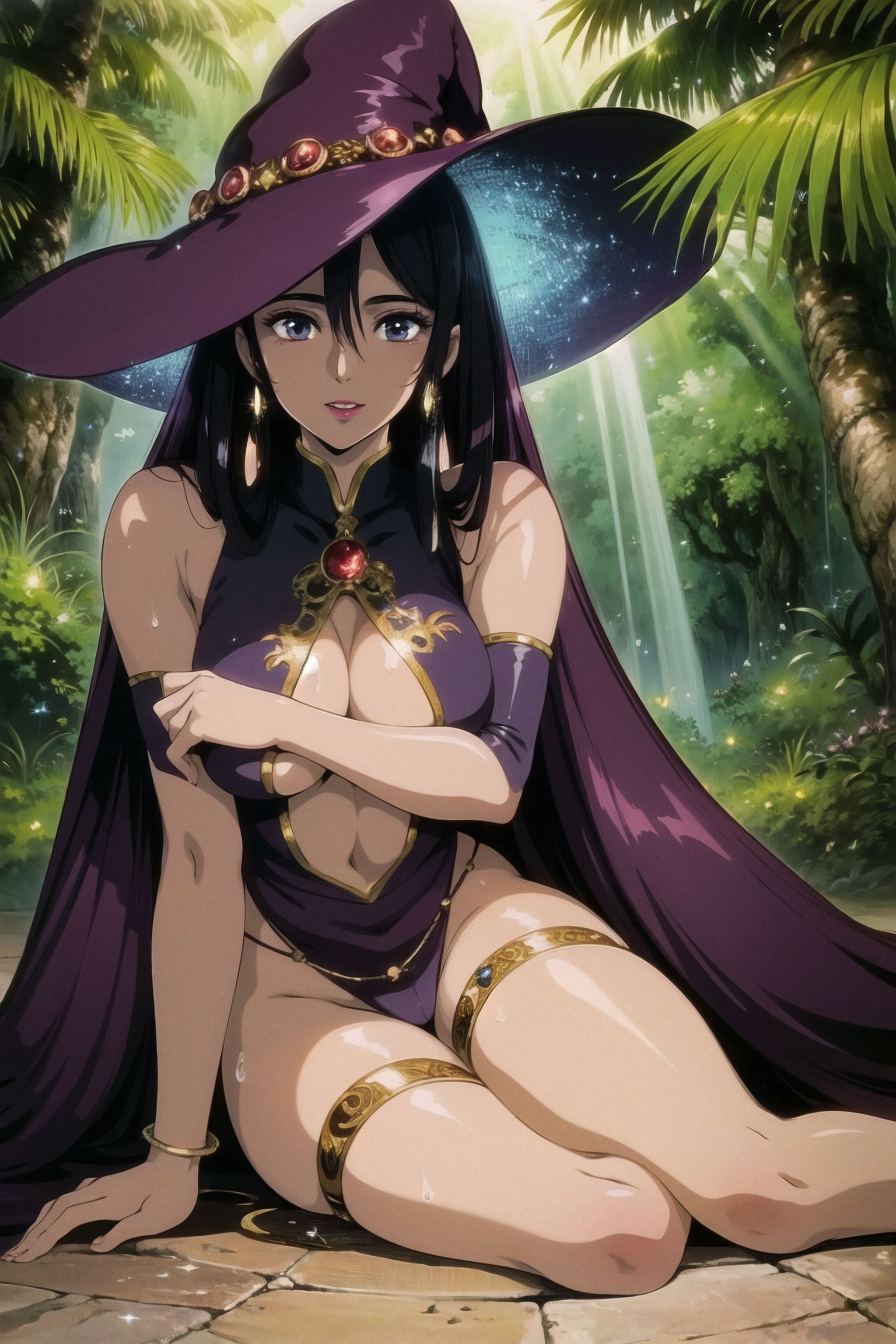 ai generated, bikini, black eyes, black hair, breasts, clothing, female, female only, hat, headwear, high resolution, large breasts, lingerie, mature, mature female, retromage, solo, swimsuit, thong, underwear, very high resolution, witch, witch hat