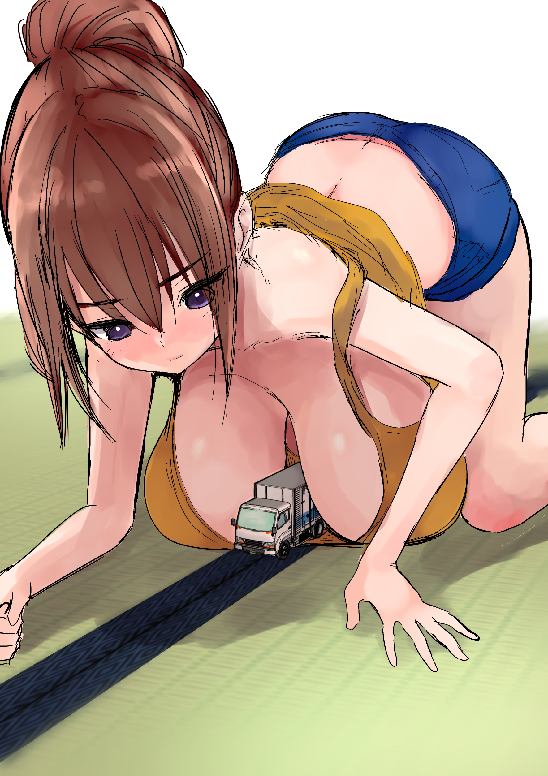 1girls, between breasts, big breasts, blue shorts, blush, breasts, brown hair, car, female, female focus, female only, giantess, huge breasts, large breasts, macro, ohanachan, on all fours, original, ponytail, purple eyes, shorts, solo, solo female, solo focus, thick thighs, thighs