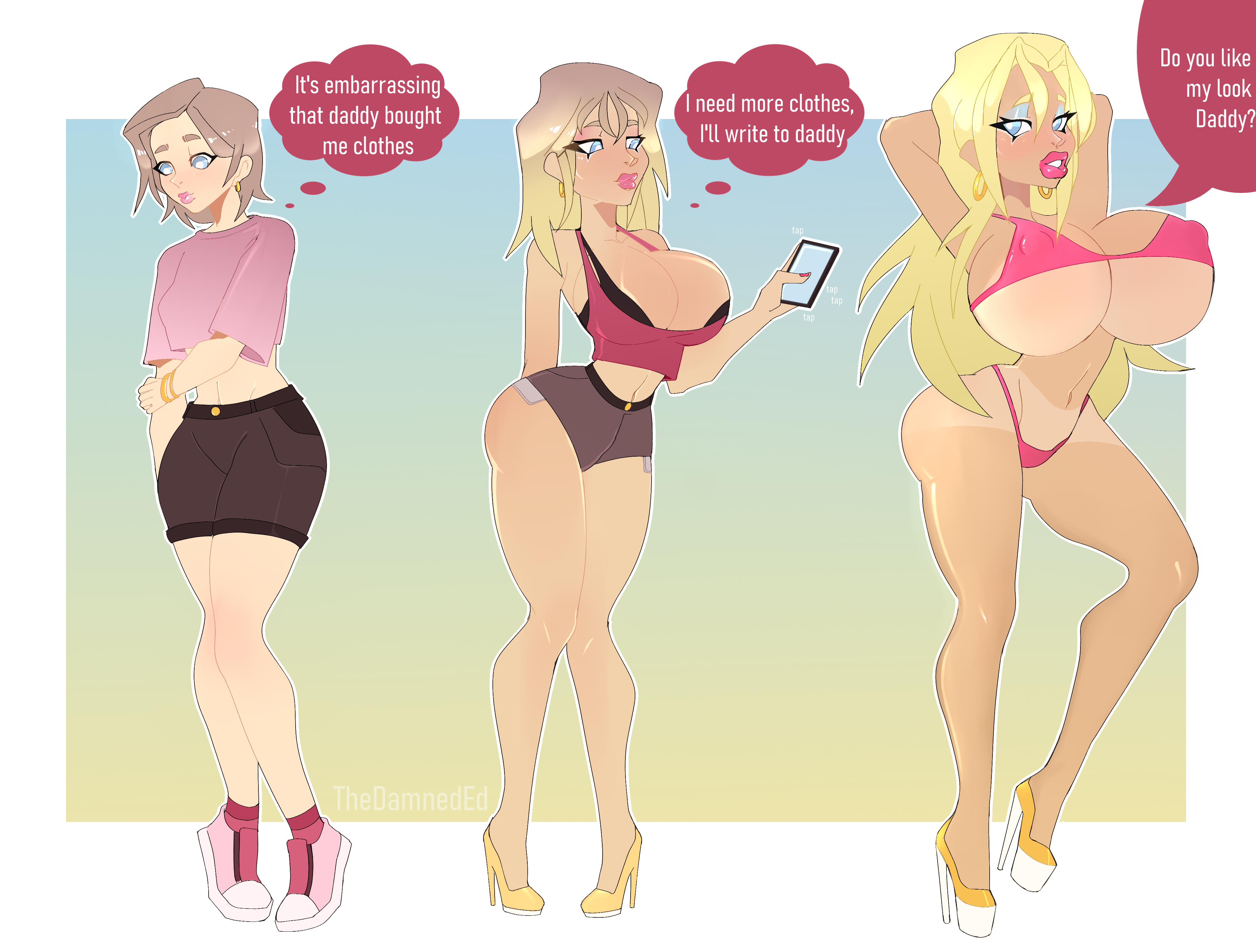 ass, ass expansion, bikini, bimbo, bimbofication, breast expansion, breast growth, breast growth (enlargement), breasts, female, hair color change, hair growth, high heels, huge ass, huge breasts, lip expansion, thedamneded, thick thighs, thigh expansion, transformation, transformation sequence, wide hips
