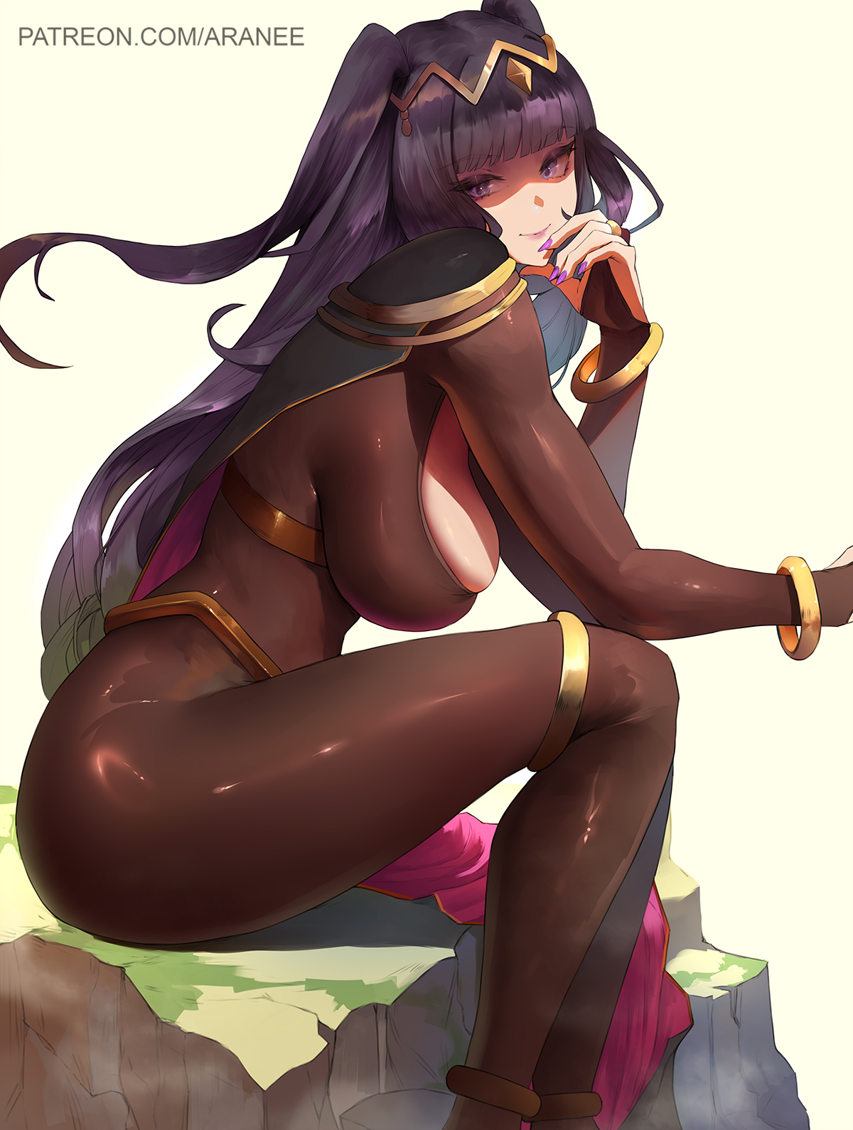 1girls, araneesama, black hair, blunt bangs, bodystocking, breasts, cape, circlet, female, female only, fire emblem, fire emblem awakening, grey eyes, higher resolution available, highres, large breasts, long hair, looking at viewer, nail polish, nintendo, purple nails, sitting, smile, solo, tharja (fire emblem), thighs, tiara