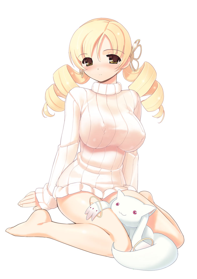 10s 1girls :3 bad_id bad_pixiv_id barefoot blonde_hair bottomless breasts covered_erect_nipples cute drill_hair female human human_only impossible_clothes impossible_sweater jiji_(aardvark) kyuubee large_breasts looking_at_viewer mahou_shoujo_madoka_magica mami_tomoe naked_sweater nipple_bulge nipples_visible_through_clothing puella_magi_madoka_magica ribbed_sweater shirt simple_background sitting sweater taut_clothes taut_shirt tomoe_mami turtleneck turtleneck_sweater wariza white_background young