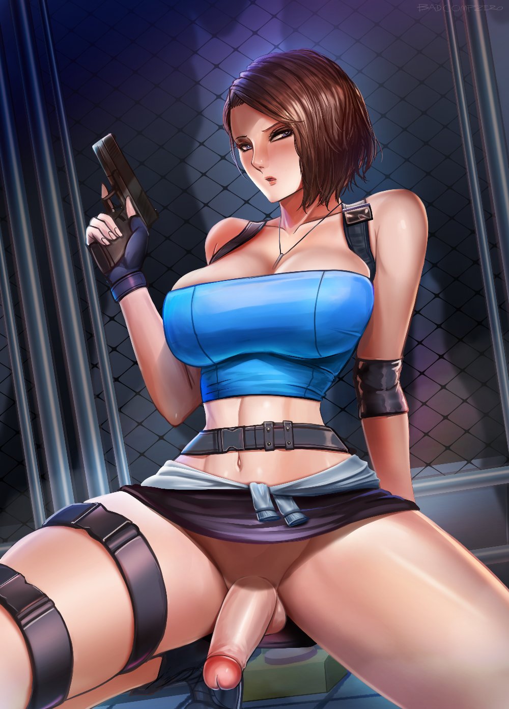 1futa, badcompzero, belt, big breasts, big penis, bottomless, breasts, brown hair, cleavage, clothed, clothing, curvy, erect penis, erection, erection under skirt, firearm, futa only, futanari, glans, gloves, gun, handgun, human, intersex, jill valentine, light skin, light-skinned futa, looking at viewer, mostly clothed, penis, resident evil, resident evil 3, short hair, skirt, skirt lift, solo, solo futa, thick penis, thick thighs, thighs, tubetop, upskirt, wide hips