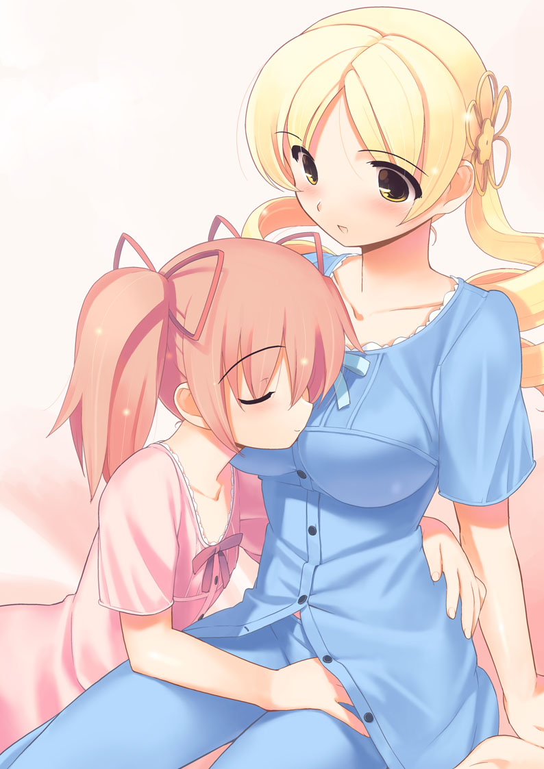 10s 2girls admiration bad_id bad_pixiv_id bed blonde_hair blush breasts closed_eyes cuddling cute female_focus head_on_chest human human_only impossible_clothes jiji_(aardvark) large_breasts madoka_kaname mahou_shoujo_madoka_magica mami_tomoe multiple_girls pajamas sitting sitting_on_person tomoe_mami wholesome yellow_eyes young younger_female yuri