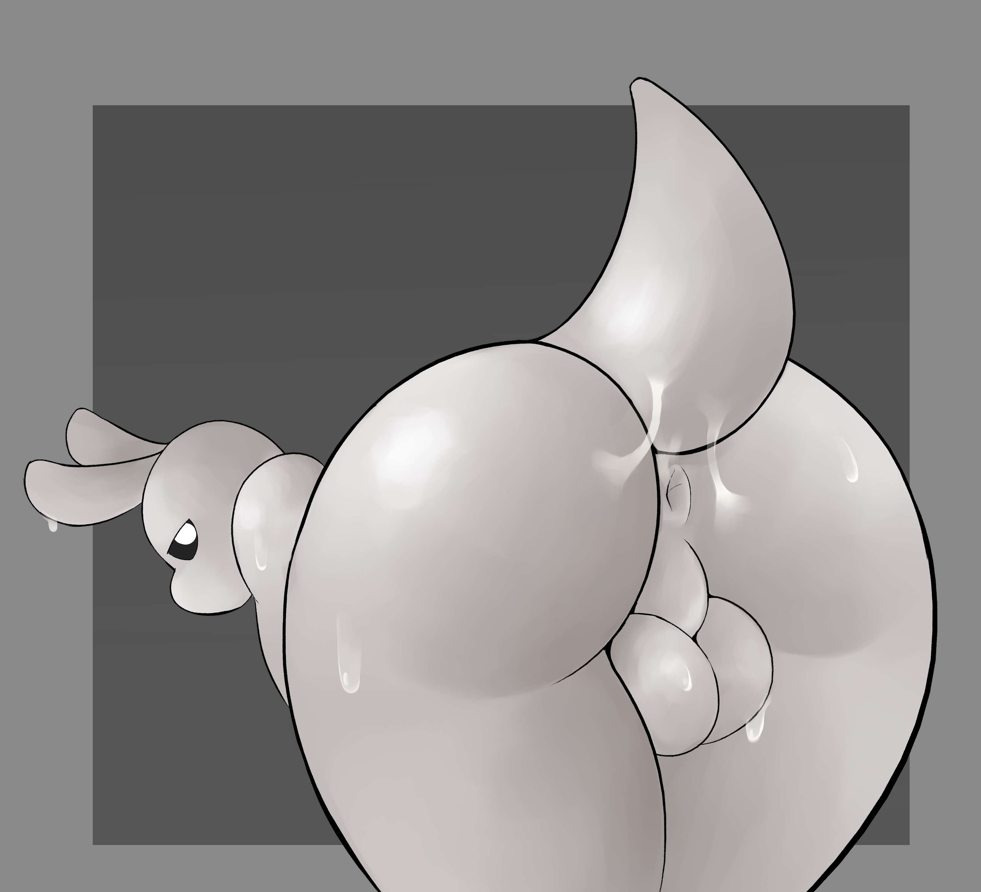 absurd res, anthro, anus, ass, balls, bent over, big ass, big butt, black sclera, genitals, glistening, glistening body, half-closed eyes, hi res, i will dance only if the beat is funky, looking back, male, mouthless, narrowed eyes, rain world, simple background, slime, slugcat, solo, survivor (rain world), tail, thick tail
