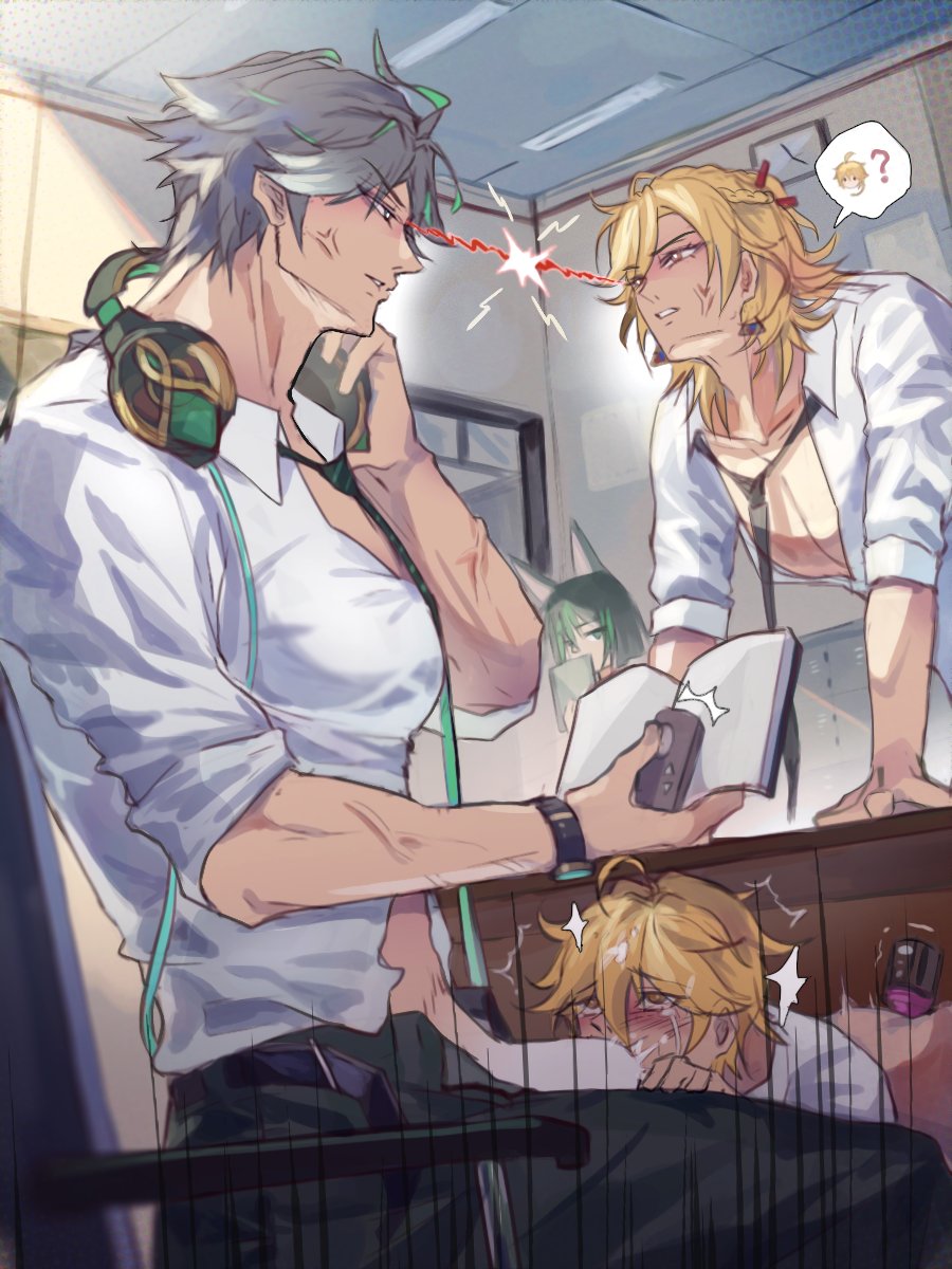 4boys, aether (genshin impact), alhaitham (genshin impact), bishonen, blush, controller, cuppydraws, fellatio, gay, genshin impact, hidden sex, kaveh (genshin impact), looking pleasured, looking up, male, male only, multiple boys, muscles, muscular, muscular male, oral, penis, sex toy, stealth sex, sucking, sucking penis, tears, tighnari (genshin impact), turning vibrator up, under the table, vibrator, vibrator in ass, yaoi