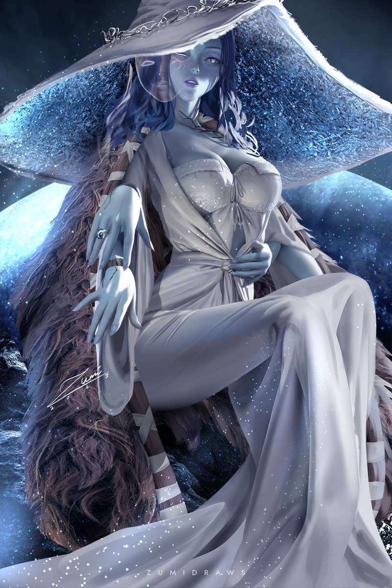 4_arms big_hat blue_body blue_eyes blue_hair bra breasts cleavage clothed_female doll elden_ring female female_focus female_only fromsoftware married married_woman medium_breasts moon princess ranni_the_witch ring ring_(jewelry) thighs thin_clothing undressing wife witch_hat zumi