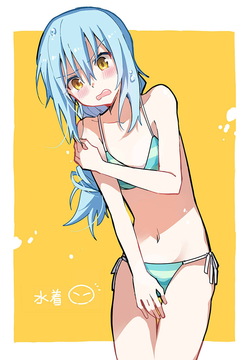 1girls 1other all_hail_lord_rimuru bangs bare_arms bikini blue_bikini blue_hair blush border collarbone cowboy_shot embarrassed female flat_chest hair_between_eyes leaning_to_the_side long_hair open_mouth outside_border ponytail ribbon rimuru_tempest shoura side-tie_bikini_bottom sketch slime solo standing striped striped_bikini swimsuit tensei_shitara_slime_datta_ken thigh_gap v-shaped_eyebrows wavy_mouth white_border white_ribbon yellow_background yellow_eyes