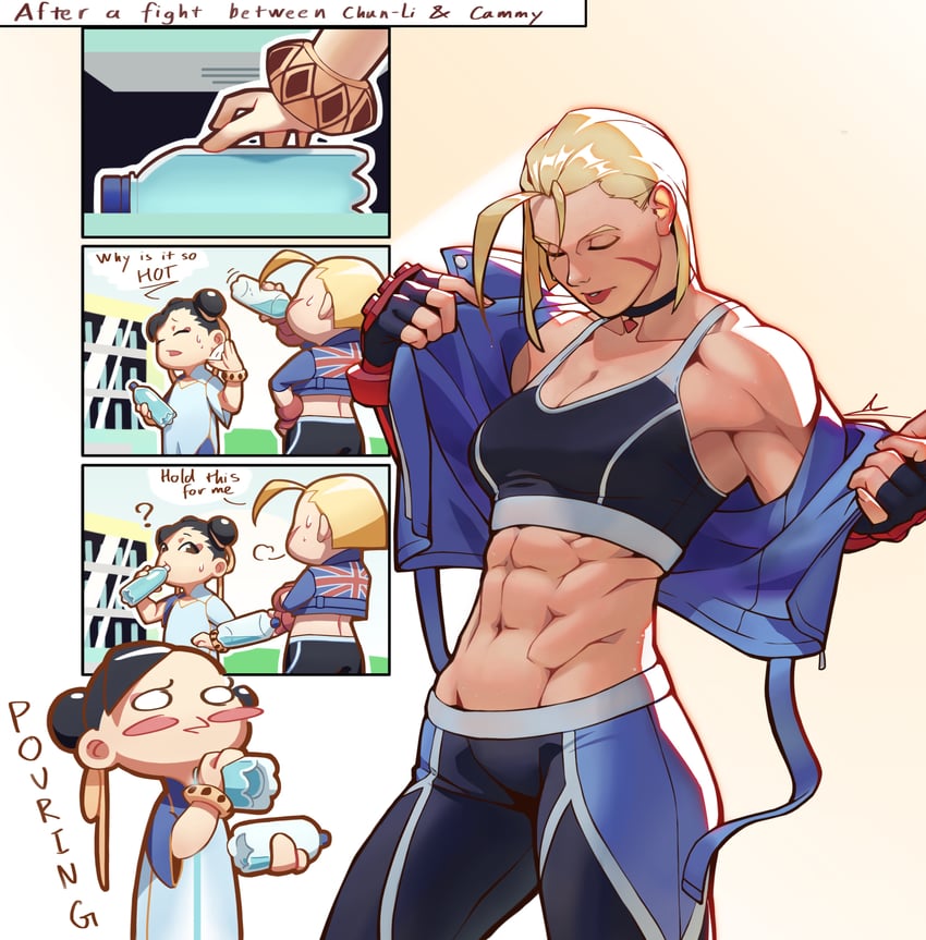 2girls, 3koma, abs, absurdres, aroused, asian, asian female, biceps, black hair, blonde hair, blush, bottle, british, broad shoulders, cammy white, capcom, chibi, choker, chun-li, closed eyes, comic, drinking, english text, female, female only, fingerless gloves, fully clothed, gloves, highres, implied yuri, jacket, kenji uz, looking at another, multiple females, multiple girls, muscular, muscular female, obliques, scar, scar on face, six pack, spill, sportswear, street fighter, street fighter 6, undressing, union jack, water bottle, yuri