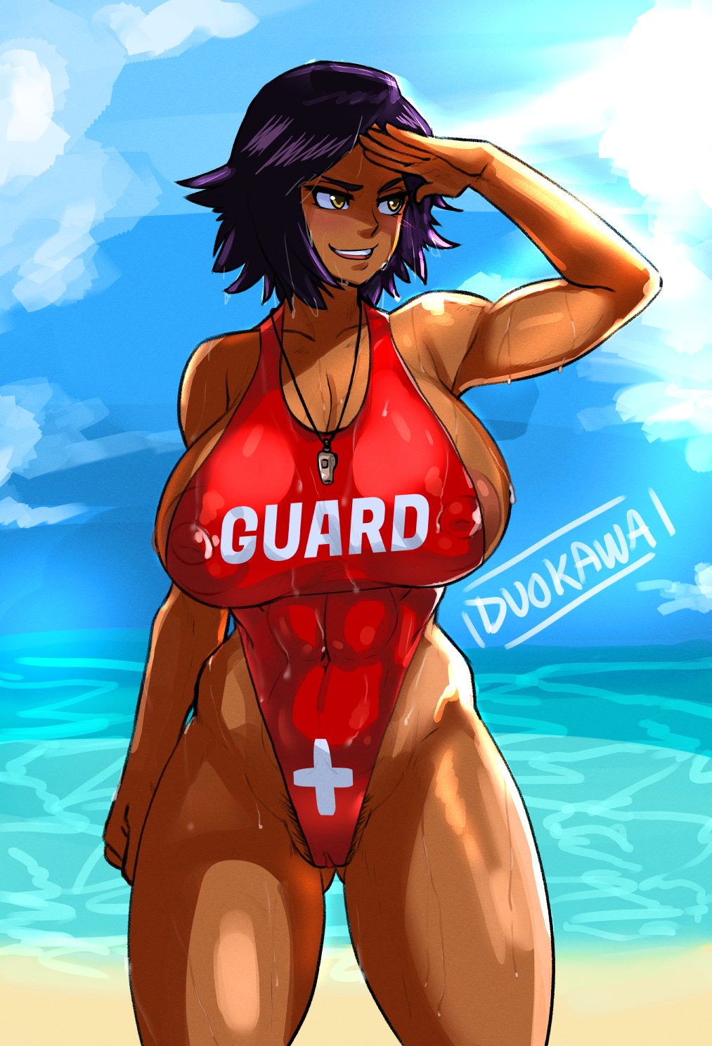 1girls abs beach bleach blue_sky breasts cameltoe dark-skinned_female dark_skin duo_kawa female female_only highres huge_breasts lifeguard lifeguard_swimsuit muscular muscular_female nipples pubic_hair purple_hair pussy see-through shihouin_yoruichi short_hair sky solo swimsuit teeth thunder_thighs upper_teeth_only water yellow_eyes