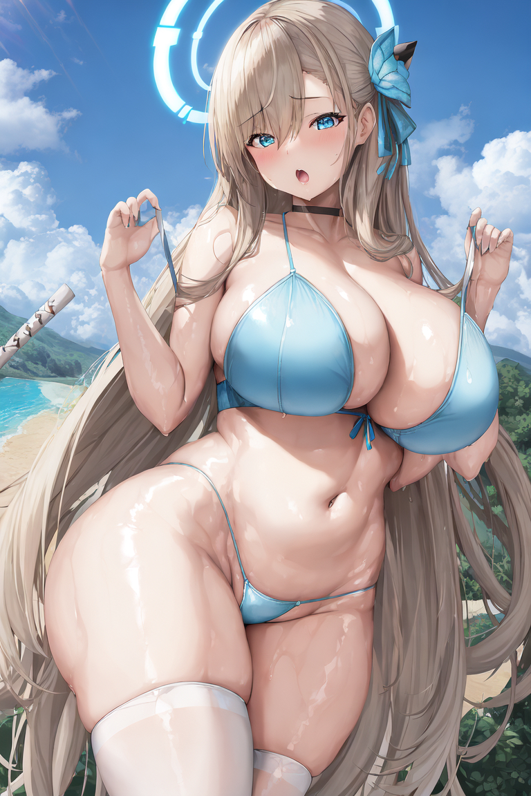 1girls, ai generated, asuna (blue archive), bikini, blonde hair, blue archive, blue bikini, blue eyes, breasts, female, hair over one eye, hips, huge breasts, light skin, light-skinned female, long hair, massive breasts, outdoors, stable diffusion, sweat, sweaty body, thick thighs, thighs, voluptuous, wide hips