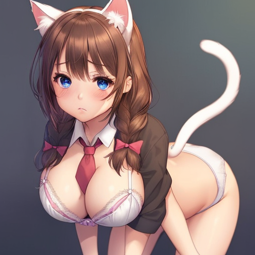 ai_generated animal blue blush bow bra braid breasts brown cat_girl cat_tail catgirl cleavage clothes dress_shirt ear eyes feline female hair large_breasts lingerie long_hair lynette_bishop medium_breasts necktie open open_shirt panties school_uniform schoolgirl shirt single_braid solo tail underwear undressing white_bra white_panties