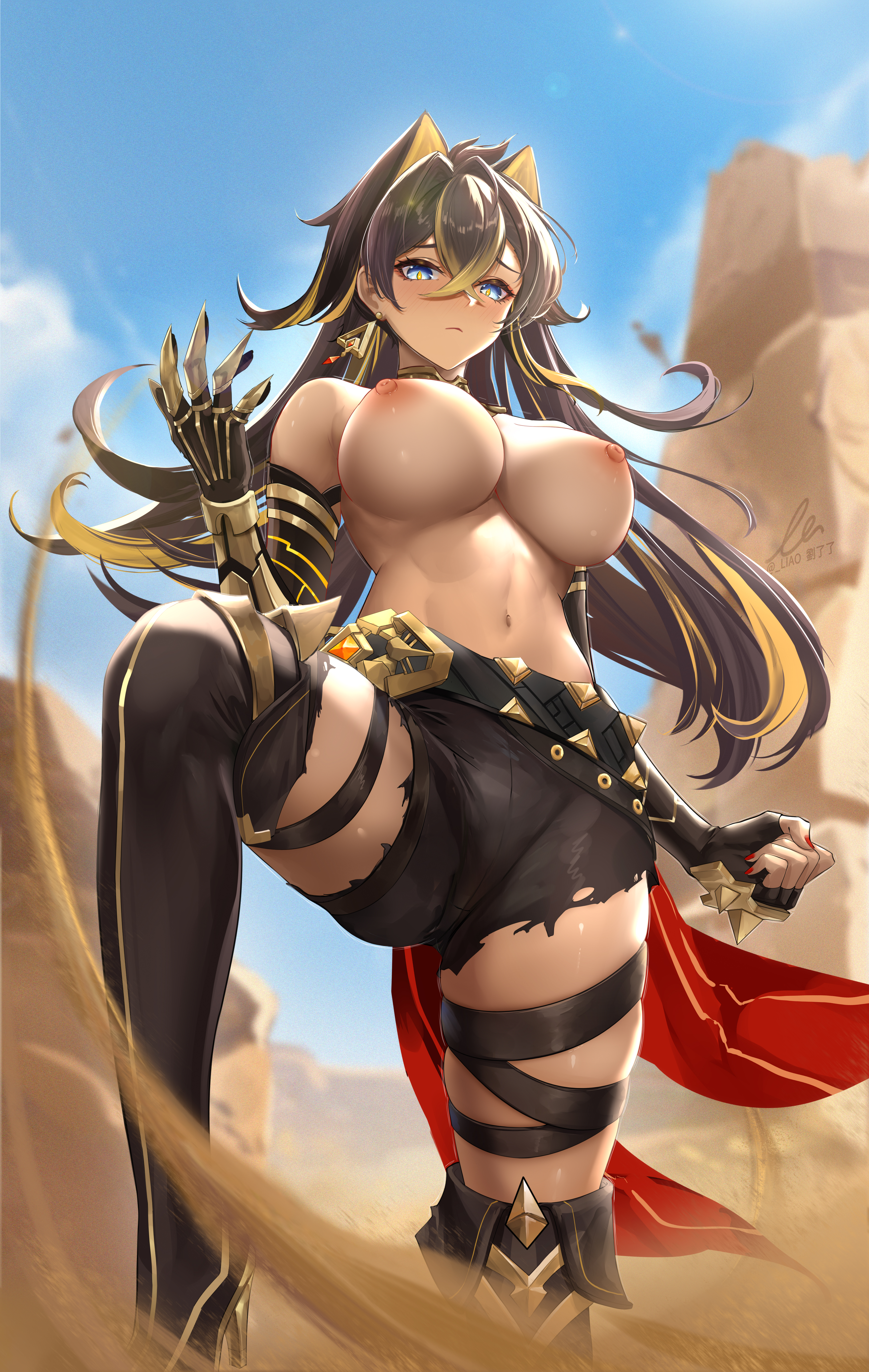 1girls, areolae, belly, belly button, black hair, blue eyes, blush, boots, breasts, cat ears, dark skin, dark-skinned female, dehya (genshin impact), desert, earrings, female, female focus, female only, genshin impact, hair, hair between eyes, high resolution, highres, large breasts, lion, liu liaoliao, long hair, looking at viewer, multicolored hair, nail polish, nipples, red nails, solo, solo female, standing, thick thighs, topless