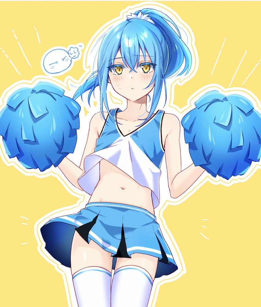 androgynous, blue hair, blue skirt, blush, cheerleader, flat chest, miniskirt, navel, pom poms, rimuru tempest, skirt, slime, tensei shitara slime datta ken, white shirt, yellow eyes