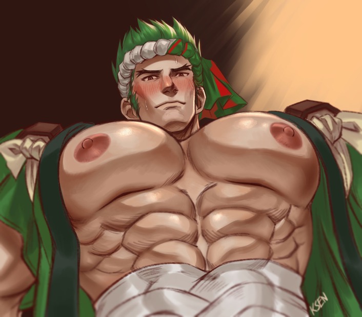 bara bara_tits genji green_hair happi_genji k-sen k_sen212 male_only muscular muscular_male nipples overwatch overwatch_2 pecs solo_male