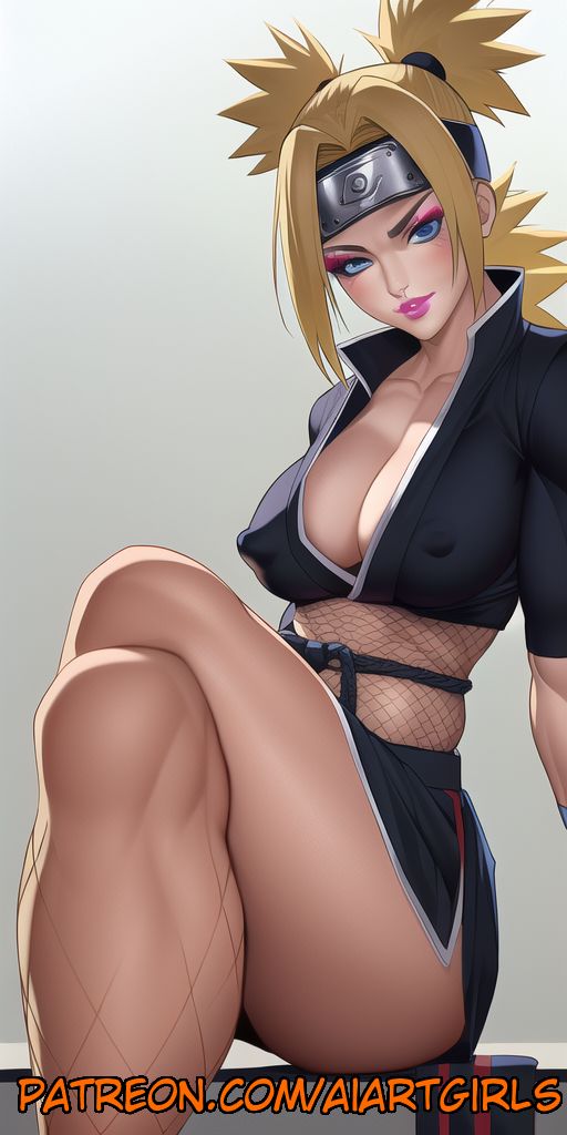 1girls, ai generated, bare legs, blonde hair, boruto: naruto next generations, crossed legs, erect nipples, erect nipples under clothes, female, fishnets, headband, kimono, kunoichi, lipstick, long hair, makeup, midriff, nai diffusion, naruto, naruto (series), naruto shippuden, naruto: the last, ninja, nipples, nipples visible through clothing, puffy nipples, quad tails, revealing clothes, sitting, stable diffusion, temari, thick thighs, visible nipples
