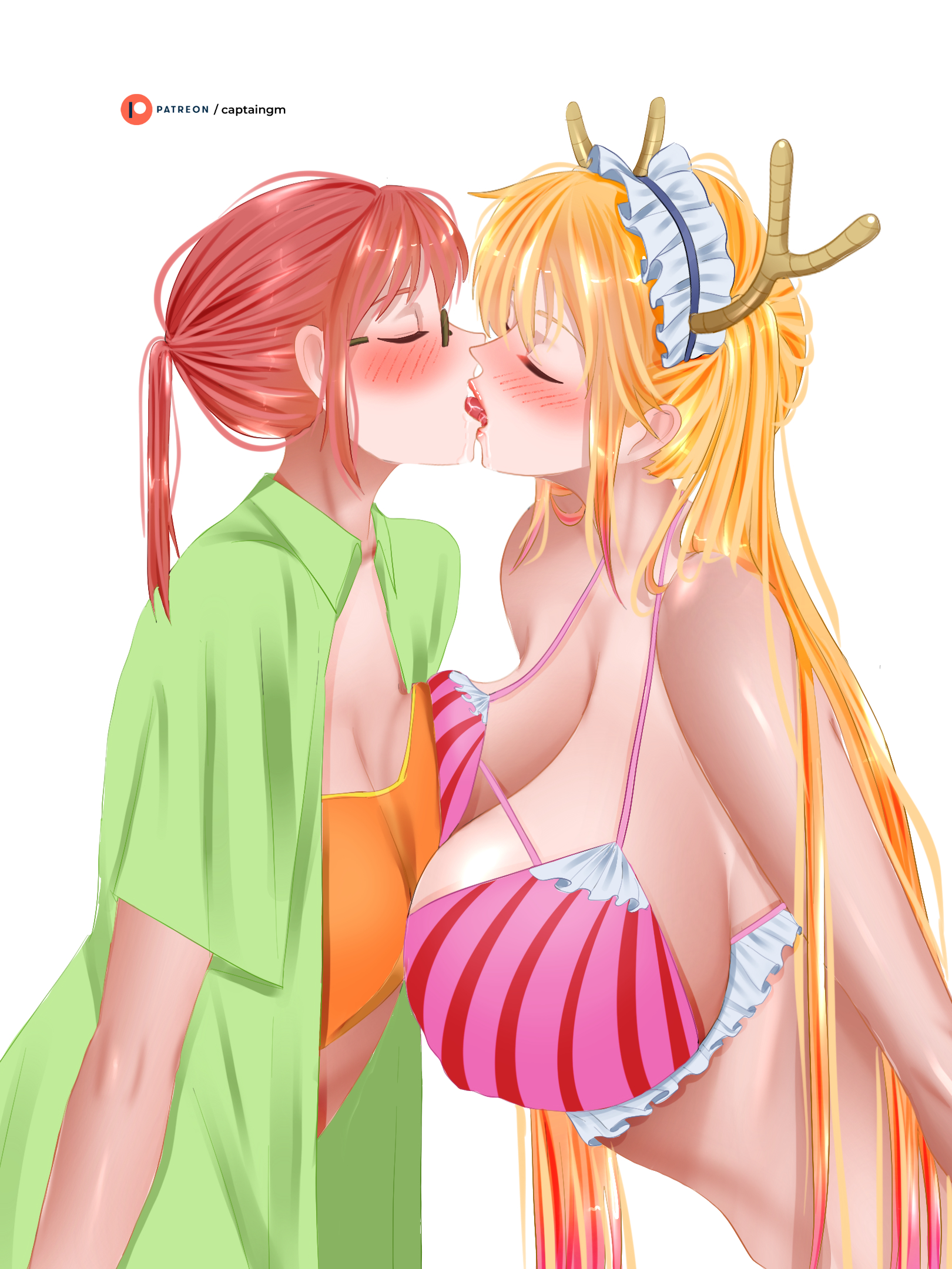 2girls, asymmetrical docking, big breasts, bikini, breast size difference, breasts, captaingm, female, female only, french kiss, gigantic breasts, kissing, kobayashi, miss kobayashi's dragon maid, small breasts, tohru (dragon maid), yuri