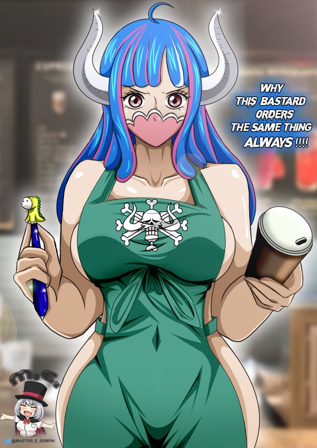 ass blue_hair breasts covered_nipples female female_only horn iced_latte_with_breast_milk large_breasts master_e_sempai meme one_piece pink_eyes pink_hair starbucks ulti_(one_piece)