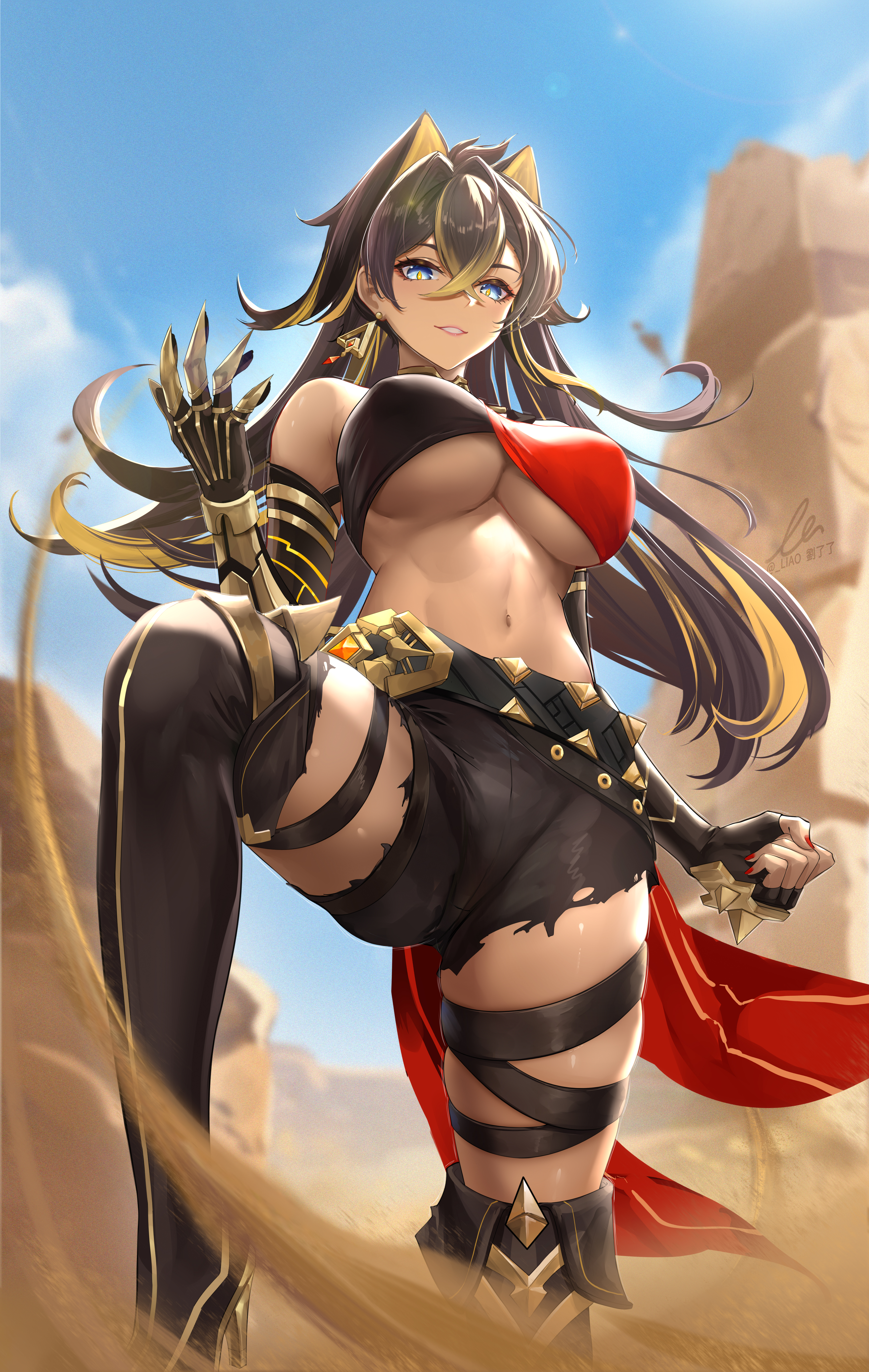 1girls, belly, belly button, black hair, blue eyes, boots, breasts, cat ears, clothing, dark skin, dark-skinned female, dehya (genshin impact), desert, earrings, female, female focus, female only, genshin impact, hair, hair between eyes, high resolution, highres, large breasts, lion, liu liaoliao, long hair, looking at viewer, multicolored hair, nail polish, red nails, smiling, solo, solo female, standing, thick thighs