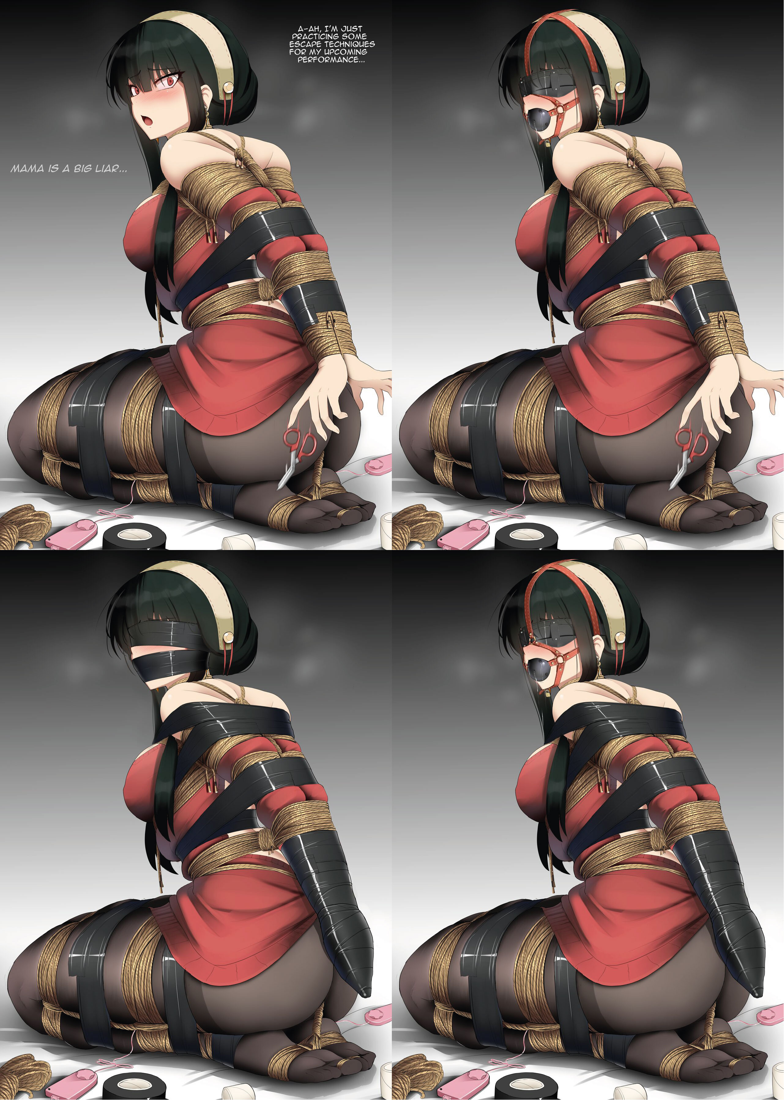 1girls, arms tied behind back, bagelbomb, ball gag, black hair, blindfold, blush, bondage, bound feet, bound legs, english text, female, female only, femsub, gag, gagged, human, looking at captor, looking at viewer, looking back, pantyhose, red eyes, solo, spy x family, tape gag, text, vibrator, vibrator under clothes, yor briar
