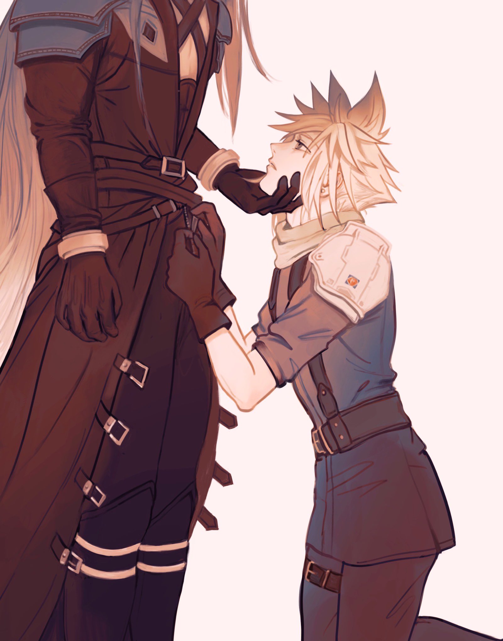 black gloves, blonde hair, blue eyes, chocobowings, cloud strife, coat, color, ear piercing, earrings, femboy, final fantasy, final fantasy vii, full body, gay, gloves, hand on chin, height difference, imminent oral, imminent sex, kneeling, light skin, light-skinned male, long hair, looking up, male, pauldrons, scarf, sephiroth, simple background, spiky hair, square enix, tagme, unzipping, white background, yaoi