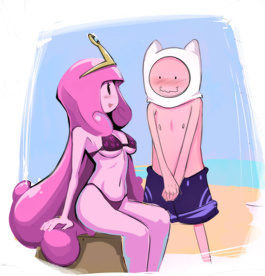 1boy, 1girls, 2013, adventure time, beach, belly, belly button, bikini, blush, cartoon network, cleavage, crown, duo, female, finn the human, hat, hiding erection, horny, horny male, long hair, looking at partner, male, nervous, princess bubblegum, seaside, sho-n-d, sitting, sky, standing, swimming trunk, thighs, white background