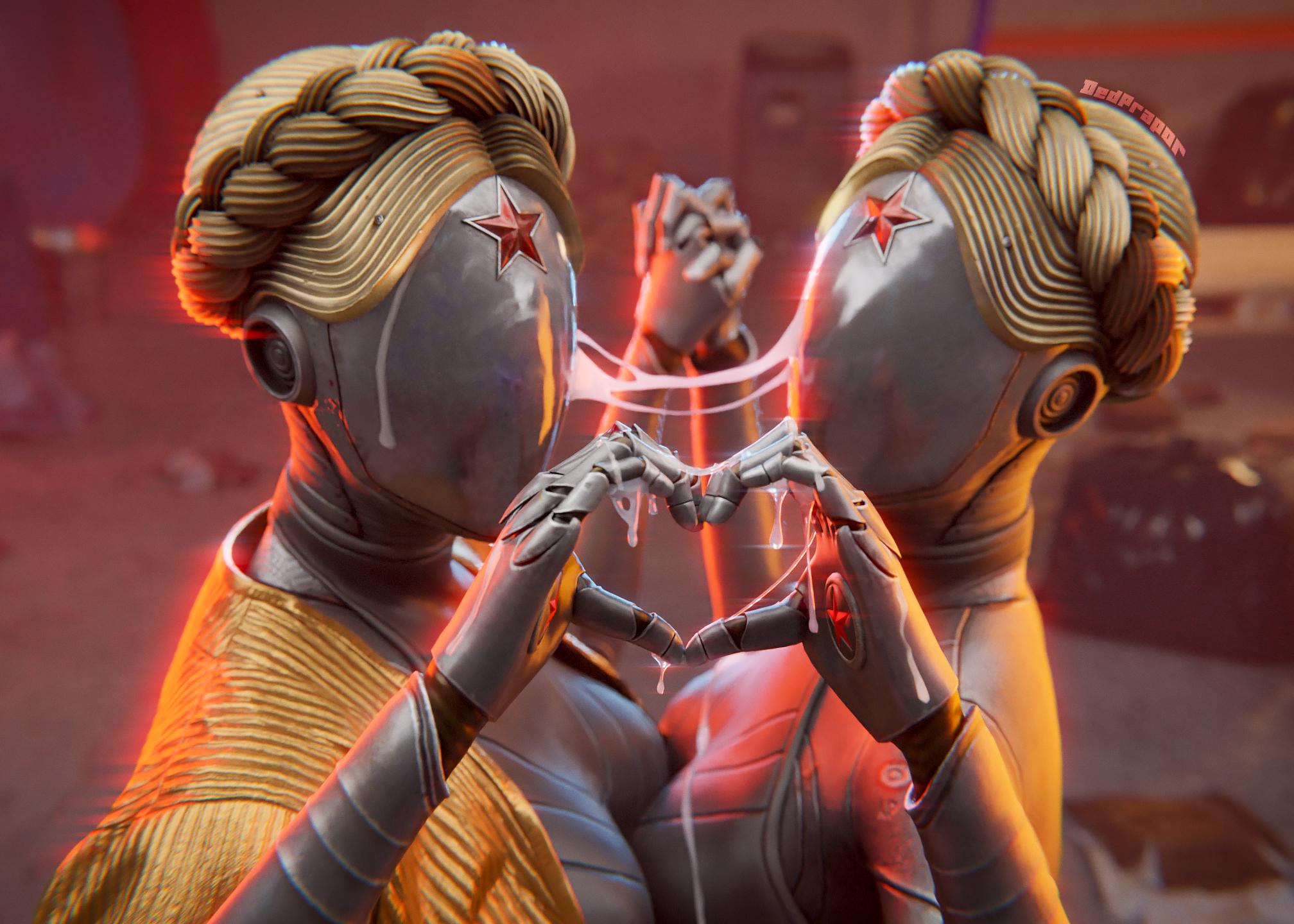 3d, atomic heart, cum, cum on face, dedprapor, facial, female, female only, heart hands, left (atomic heart), right (atomic heart), the twins (atomic heart)